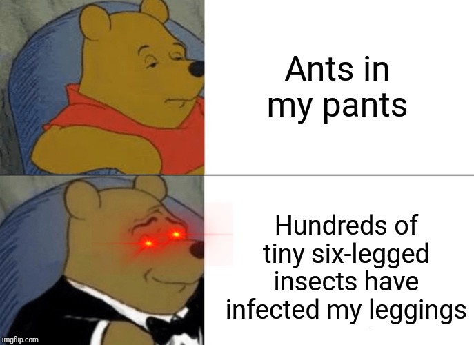 Tuxedo Winnie The Pooh | Ants in my pants; Hundreds of tiny six-legged insects have infected my leggings | image tagged in memes,tuxedo winnie the pooh | made w/ Imgflip meme maker