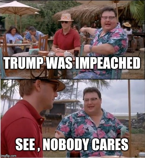 See Nobody Cares Meme | TRUMP WAS IMPEACHED SEE , NOBODY CARES | image tagged in memes,see nobody cares | made w/ Imgflip meme maker