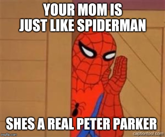 psst spiderman |  YOUR MOM IS JUST LIKE SPIDERMAN; SHES A REAL PETER PARKER | image tagged in psst spiderman | made w/ Imgflip meme maker