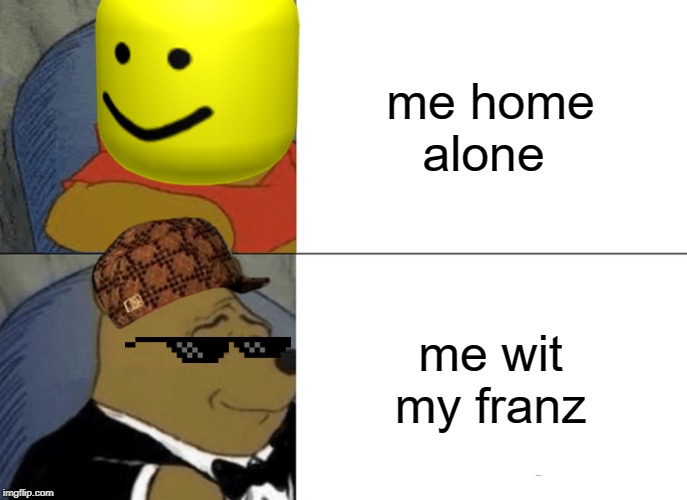 Tuxedo Winnie The Pooh Meme | me home alone; me wit my franz | image tagged in memes,tuxedo winnie the pooh | made w/ Imgflip meme maker