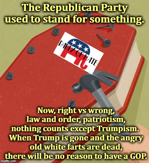 Old Man Trump is killing the future of the Republican Party. R.I.P. | The Republican Party used to stand for something. Now, right vs wrong, law and order, patriotism,
nothing counts except Trumpism. 
When Trump is gone and the angry old white farts are dead, there will be no reason to have a GOP. | image tagged in trump,gop,republican party,law and order,patriotism | made w/ Imgflip meme maker