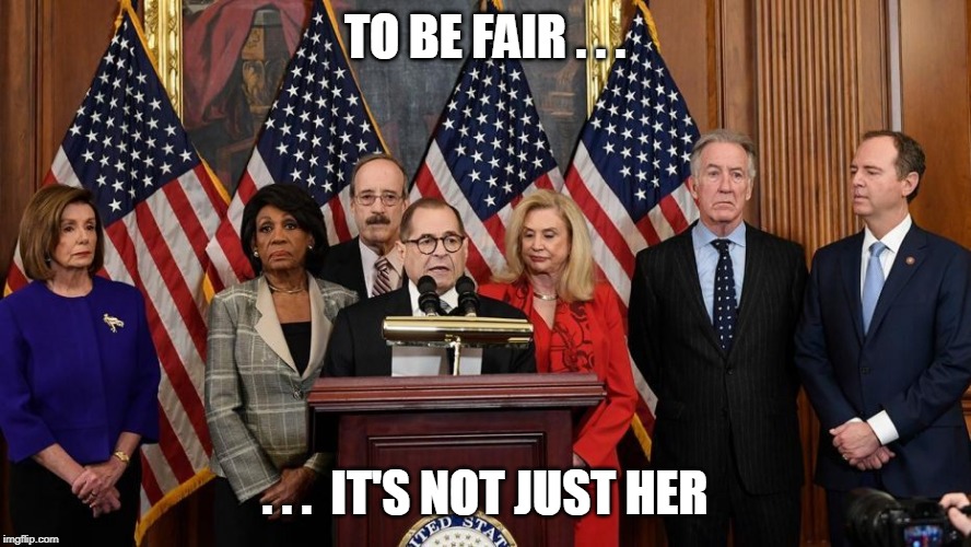 House Democrats | TO BE FAIR . . . . . .  IT'S NOT JUST HER | image tagged in house democrats | made w/ Imgflip meme maker