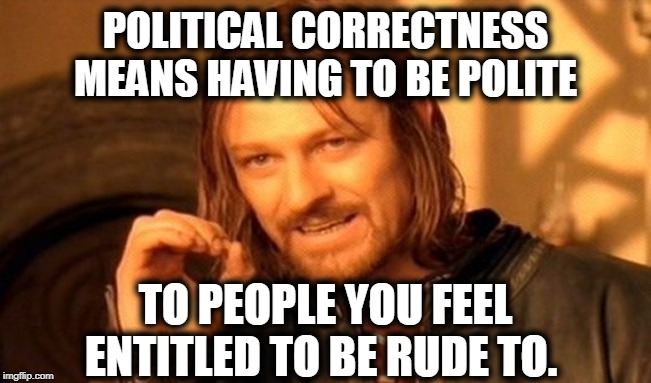 One Does Not Simply Meme | POLITICAL CORRECTNESS MEANS HAVING TO BE POLITE TO PEOPLE YOU FEEL ENTITLED TO BE RUDE TO. | image tagged in memes,one does not simply | made w/ Imgflip meme maker