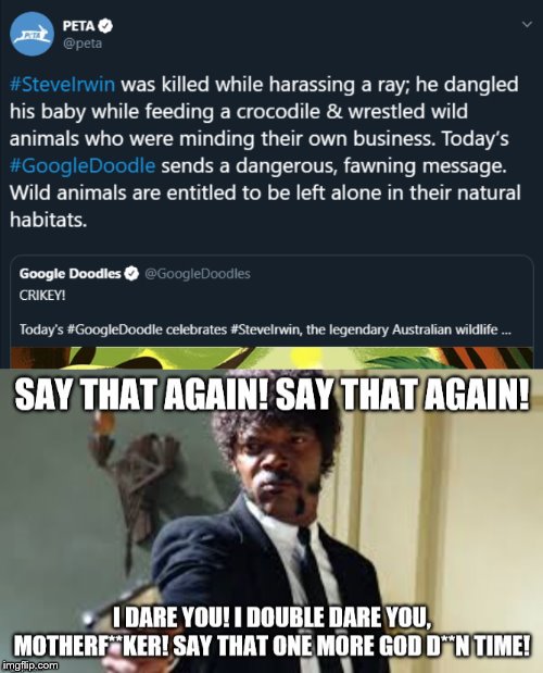 PETA"s going to get shot if they say that again | image tagged in samuel l jackson,peta,say that again i dare you,memes | made w/ Imgflip meme maker