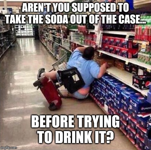 Fat Person Falling Over | AREN'T YOU SUPPOSED TO TAKE THE SODA OUT OF THE CASE... BEFORE TRYING TO DRINK IT? | image tagged in fat person falling over | made w/ Imgflip meme maker
