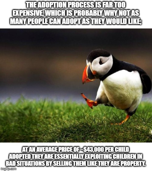 Unpopular Opinion Puffin | THE ADOPTION PROCESS IS FAR TOO EXPENSIVE, WHICH IS PROBABLY WHY NOT AS MANY PEOPLE CAN ADOPT AS THEY WOULD LIKE;; AT AN AVERAGE PRICE OF ~$43,000 PER CHILD ADOPTED THEY ARE ESSENTIALLY EXPLOITING CHILDREN IN BAD SITUATIONS BY SELLING THEM LIKE THEY ARE PROPERTY. | image tagged in memes,unpopular opinion puffin | made w/ Imgflip meme maker