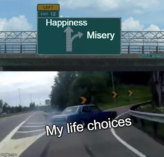 Left Exit 12 Off Ramp Meme | Happiness; Misery; My life choices | image tagged in memes,left exit 12 off ramp | made w/ Imgflip meme maker