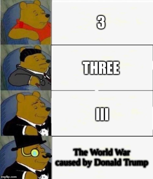 Tuxedo Winnie the Pooh 4 panel | 3; THREE; III; The World War caused by Donald Trump | image tagged in tuxedo winnie the pooh 4 panel | made w/ Imgflip meme maker