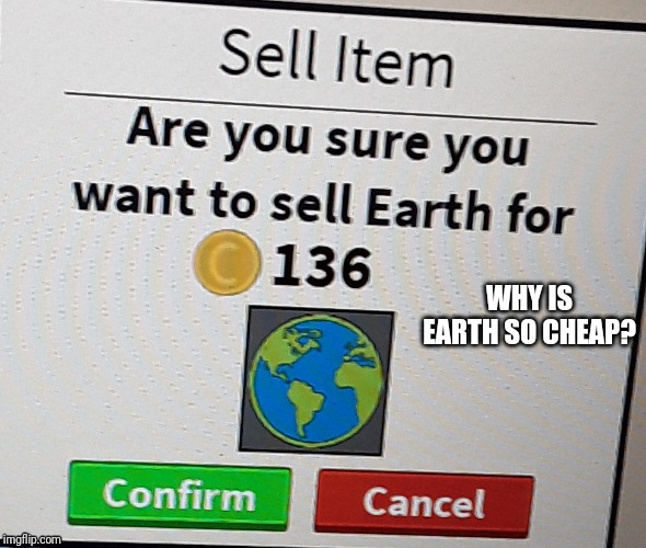 And Earth is sold to the bidder of 136 gold! | WHY IS EARTH SO CHEAP? | image tagged in roblox,funny,earth | made w/ Imgflip meme maker
