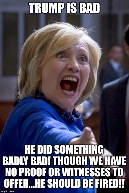 Dems are winning... | TRUMP IS BAD; HE DID SOMETHING BADLY BAD! THOUGH WE HAVE NO PROOF OR WITNESSES TO OFFER...HE SHOULD BE FIRED!! | image tagged in wtf hillary | made w/ Imgflip meme maker