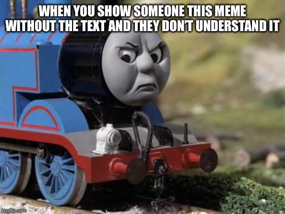 Angry Thomas | WHEN YOU SHOW SOMEONE THIS MEME WITHOUT THE TEXT AND THEY DON’T UNDERSTAND IT | image tagged in angry thomas | made w/ Imgflip meme maker