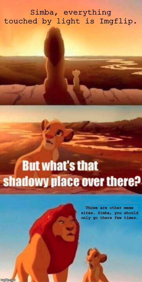 Simba Shadowy Place Meme | Simba, everything touched by light is Imgflip. Those are other meme sites. Simba, you should only go there few times. | image tagged in memes,simba shadowy place | made w/ Imgflip meme maker