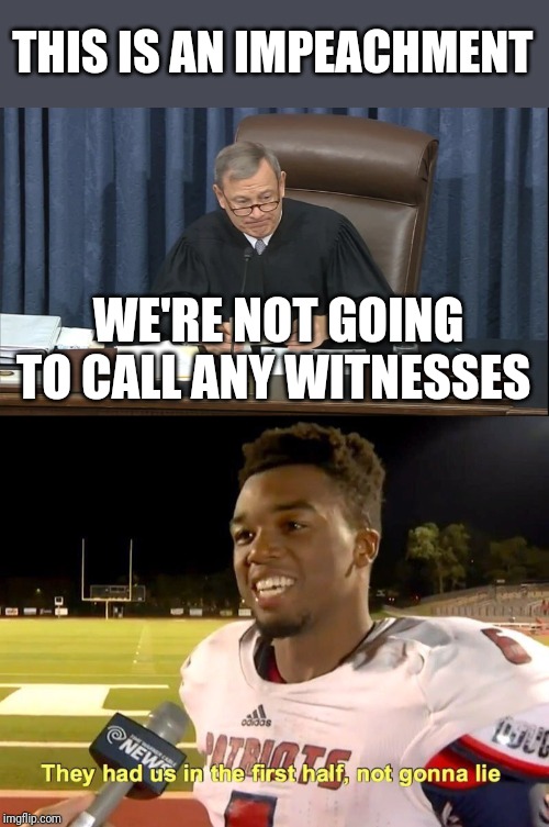 THIS IS AN IMPEACHMENT; WE'RE NOT GOING TO CALL ANY WITNESSES | image tagged in they had us in the first half | made w/ Imgflip meme maker