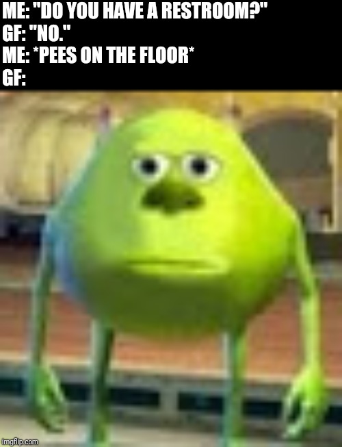 Sully Wazowski | ME: "DO YOU HAVE A RESTROOM?"
GF: "NO."
ME: *PEES ON THE FLOOR*
GF: | image tagged in sully wazowski | made w/ Imgflip meme maker