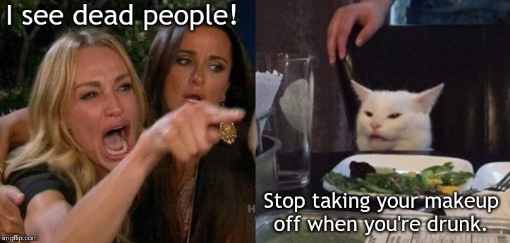 Woman Yelling at Smudge the Cat | I see dead people! Stop taking your makeup off when you're drunk. | image tagged in woman yelling at smudge the cat | made w/ Imgflip meme maker