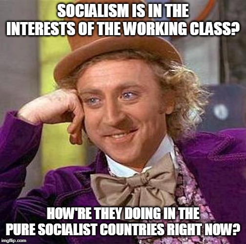 Creepy Condescending Wonka | SOCIALISM IS IN THE INTERESTS OF THE WORKING CLASS? HOW'RE THEY DOING IN THE PURE SOCIALIST COUNTRIES RIGHT NOW? | image tagged in memes,creepy condescending wonka | made w/ Imgflip meme maker