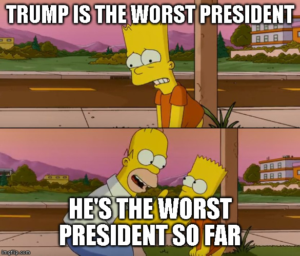 Simpsons so far | TRUMP IS THE WORST PRESIDENT; HE'S THE WORST PRESIDENT SO FAR | image tagged in simpsons so far | made w/ Imgflip meme maker