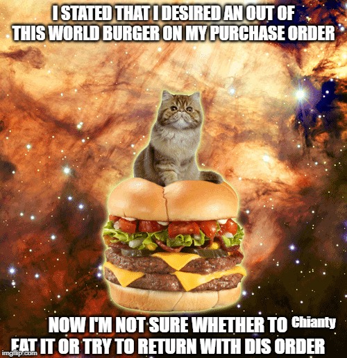 Purchase Order | I STATED THAT I DESIRED AN OUT OF THIS WORLD BURGER ON MY PURCHASE ORDER; NOW I'M NOT SURE WHETHER TO EAT IT OR TRY TO RETURN WITH DIS ORDER; Chianty | image tagged in eat | made w/ Imgflip meme maker