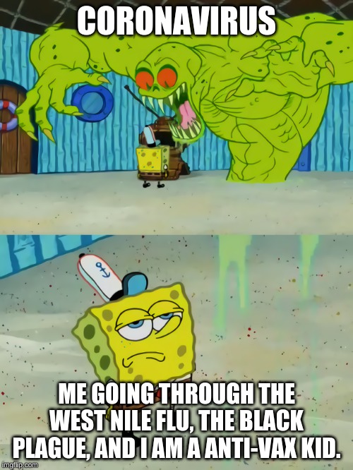 Ghost not scaring Spongebob | CORONAVIRUS; ME GOING THROUGH THE WEST NILE FLU, THE BLACK PLAGUE, AND I AM A ANTI-VAX KID. | image tagged in ghost not scaring spongebob | made w/ Imgflip meme maker