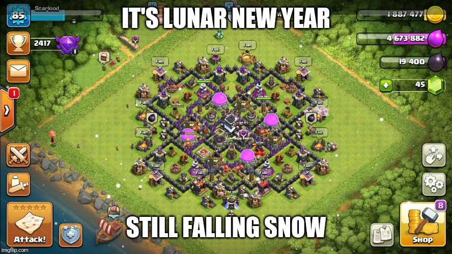 It's Lunar New Year, STILL FALLING SNOW | IT'S LUNAR NEW YEAR; STILL FALLING SNOW | image tagged in clash of clans,memes | made w/ Imgflip meme maker