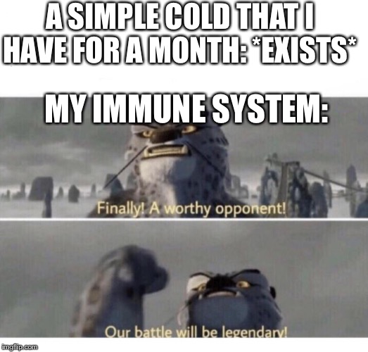Our Battle will be Legendary! |  A SIMPLE COLD THAT I HAVE FOR A MONTH: *EXISTS*; MY IMMUNE SYSTEM: | image tagged in our battle will be legendary | made w/ Imgflip meme maker