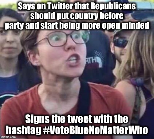 Democrats: The biggest hypocrites out there. They only love the USA when they feel it is politically convenient for them. | Says on Twitter that Republicans should put country before party and start being more open minded; Signs the tweet with the hashtag #VoteBlueNoMatterWho | image tagged in angry liberal,democrats,democratic party | made w/ Imgflip meme maker