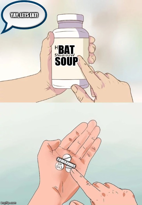 Hard To Swallow Pills | YAY, LETS EAT! BAT SOUP; CORONAVIRUS | image tagged in memes,hard to swallow pills | made w/ Imgflip meme maker