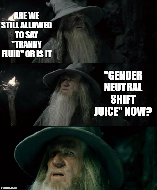 Confused Gandalf Meme | ARE WE STILL ALLOWED TO SAY "TRANNY FLUID" OR IS IT; "GENDER NEUTRAL SHIFT JUICE" NOW? | image tagged in memes,confused gandalf,random,tranny | made w/ Imgflip meme maker