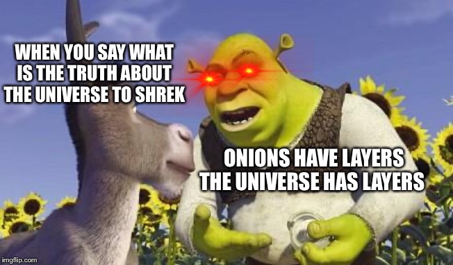 SHREK & ONIONS | WHEN YOU SAY WHAT IS THE TRUTH ABOUT THE UNIVERSE TO SHREK; ONIONS HAVE LAYERS THE UNIVERSE HAS LAYERS | image tagged in shrek  onions | made w/ Imgflip meme maker