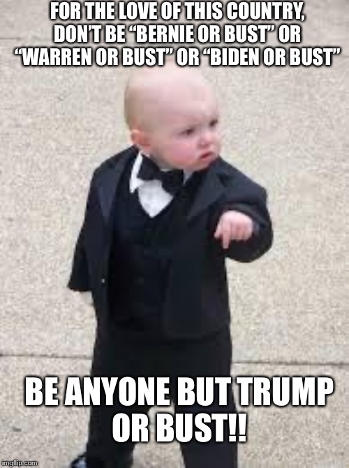 Never trump | FOR THE LOVE OF THIS COUNTRY, DON’T BE “BERNIE OR BUST” OR “WARREN OR BUST” OR “BIDEN OR BUST”; BE ANYONE BUT TRUMP 
OR BUST!! | image tagged in mafia baby,never trump,vote blue no matter who,vote blue | made w/ Imgflip meme maker