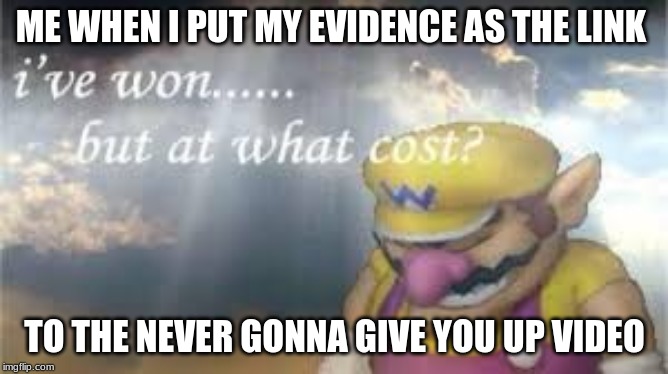 ME WHEN I PUT MY EVIDENCE AS THE LINK; TO THE NEVER GONNA GIVE YOU UP VIDEO | image tagged in meme | made w/ Imgflip meme maker