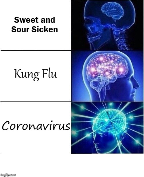 Expanding Brain Coronavirus | Sweet and Sour Sicken; Kung Flu; Coronavirus; COVELL BELLAMY III | image tagged in expanding brain coronavirus | made w/ Imgflip meme maker