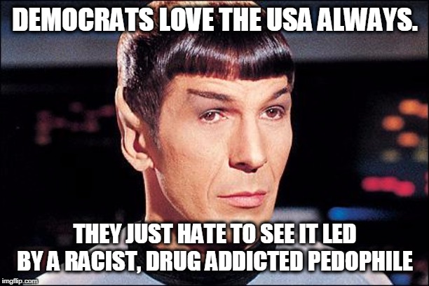 Condescending Spock | DEMOCRATS LOVE THE USA ALWAYS. THEY JUST HATE TO SEE IT LED BY A RACIST, DRUG ADDICTED PEDOPHILE | image tagged in condescending spock | made w/ Imgflip meme maker