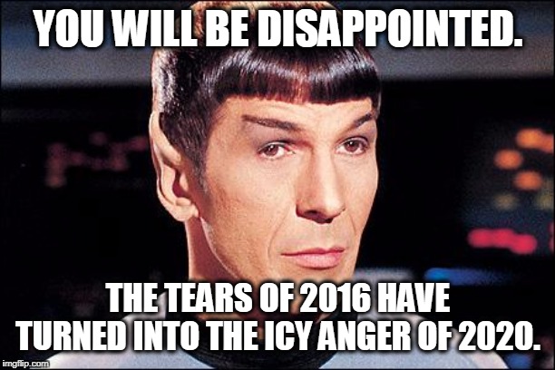 Condescending Spock | YOU WILL BE DISAPPOINTED. THE TEARS OF 2016 HAVE TURNED INTO THE ICY ANGER OF 2020. | image tagged in condescending spock | made w/ Imgflip meme maker