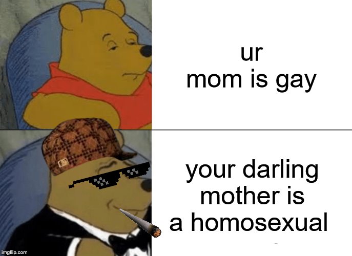 no u | ur mom is gay; your darling mother is a homosexual | image tagged in memes,tuxedo winnie the pooh | made w/ Imgflip meme maker