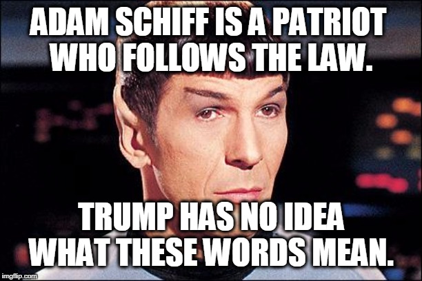 Condescending Spock | ADAM SCHIFF IS A PATRIOT 
WHO FOLLOWS THE LAW. TRUMP HAS NO IDEA WHAT THESE WORDS MEAN. | image tagged in condescending spock | made w/ Imgflip meme maker