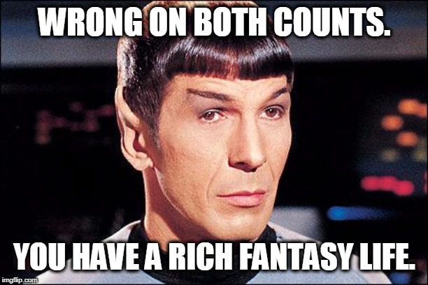 Condescending Spock | WRONG ON BOTH COUNTS. YOU HAVE A RICH FANTASY LIFE. | image tagged in condescending spock | made w/ Imgflip meme maker