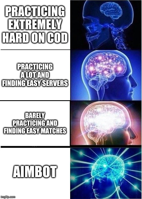 Expanding Brain | PRACTICING EXTREMELY HARD ON COD; PRACTICING A LOT AND FINDING EASY SERVERS; BARELY PRACTICING AND FINDING EASY MATCHES; AIMBOT | image tagged in memes,expanding brain | made w/ Imgflip meme maker