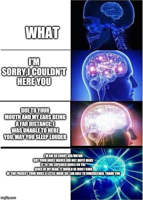 Expanding Brain | WHAT; I'M SORRY,I COULDN'T HERE YOU; DUE TO YOUR MOUTH AND MY EARS BEING A FAR DISTANCE, I WAS UNABLE TO HERE YOU, MAY YOU SLEEP LOUDER; I'M AM SO SORRY SIR/MA'AM BUT YOUR NOICE WAVES DID NOT QUITE MAKE IT TO THE LOPSIDED OAVLS ON THE SIDES OF MY HEAD. IT WOULD BE MOST KIND OF YOU PROJECT YOUR VOICE A LITTLE MORE SO I AM ABLE TO UNDERSTAND. THANK YOU | image tagged in memes,expanding brain | made w/ Imgflip meme maker