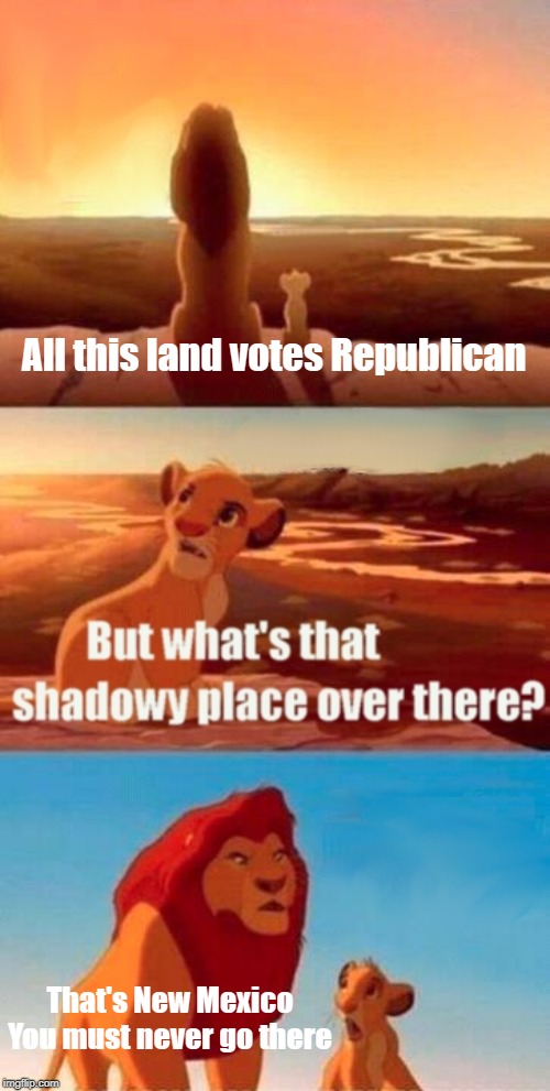 Simba Shadowy Place Meme | All this land votes Republican That's New Mexico
You must never go there | image tagged in memes,simba shadowy place | made w/ Imgflip meme maker