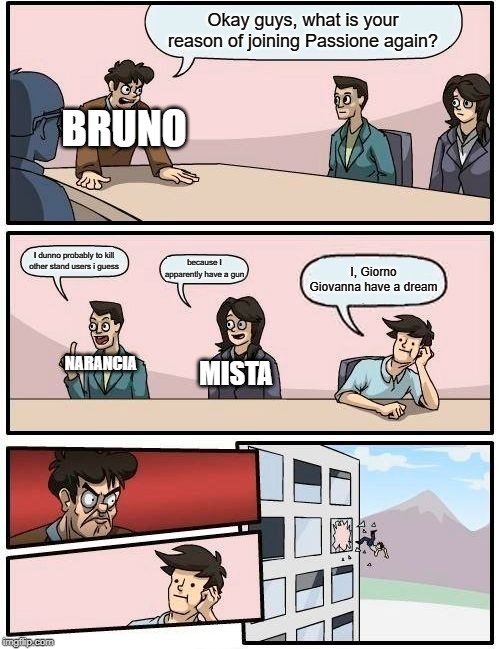 A Golden Wind meme, I guess | Okay guys, what is your reason of joining Passione again? BRUNO; I dunno probably to kill other stand users i guess; because I apparently have a gun; I, Giorno Giovanna have a dream; NARANCIA; MISTA | image tagged in memes,boardroom meeting suggestion | made w/ Imgflip meme maker