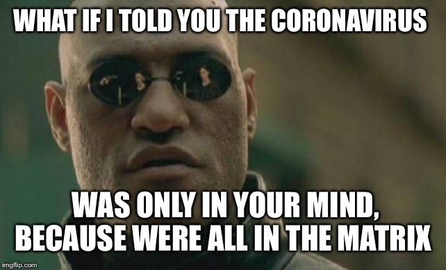 Reality | WHAT IF I TOLD YOU THE CORONAVIRUS; WAS ONLY IN YOUR MIND, BECAUSE WERE ALL IN THE MATRIX | image tagged in memes,matrix morpheus,matrix,funny,dark,reality | made w/ Imgflip meme maker