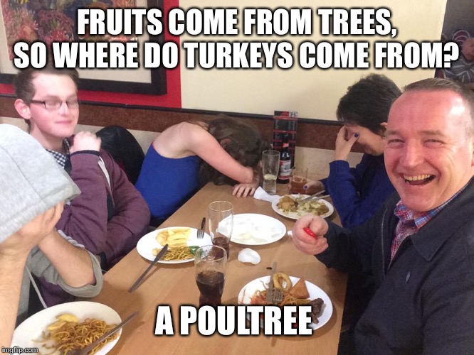 Dad Joke Meme | FRUITS COME FROM TREES, SO WHERE DO TURKEYS COME FROM? A POULTREE | image tagged in dad joke meme | made w/ Imgflip meme maker