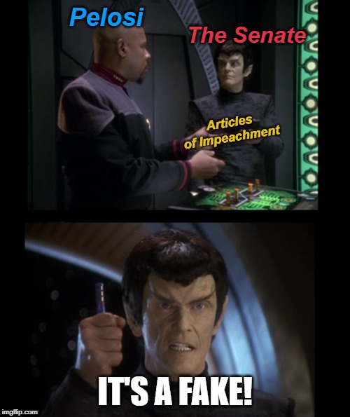 Pelosi; The Senate; Articles of Impeachment; IT'S A FAKE! | image tagged in trump impeachment,trump 2020,star trek deep space nine,vreenak | made w/ Imgflip meme maker