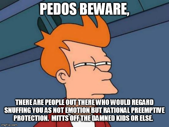 Futurama Fry Meme | PEDOS BEWARE, THERE ARE PEOPLE OUT THERE WHO WOULD REGARD SNUFFING YOU AS NOT EMOTION BUT RATIONAL PREEMPTIVE PROTECTION.  MITTS OFF THE DAM | image tagged in memes,futurama fry | made w/ Imgflip meme maker