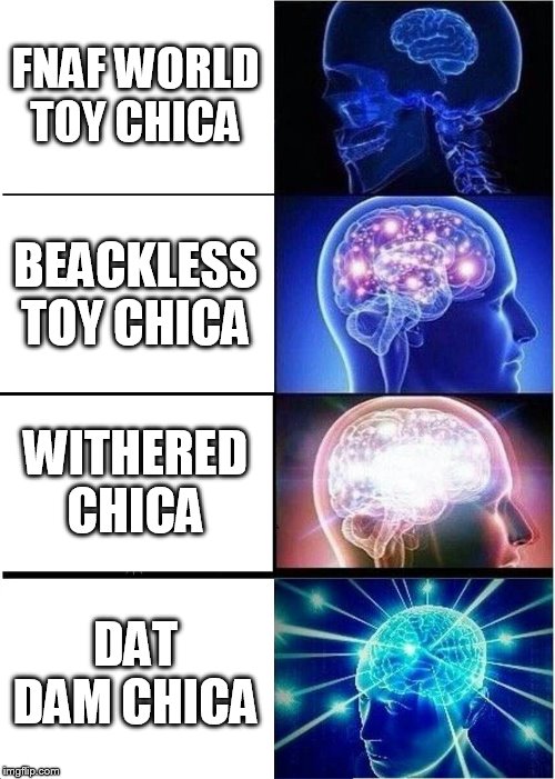 Expanding Brain Meme | FNAF WORLD TOY CHICA BEACKLESS TOY CHICA WITHERED CHICA DAT DAM CHICA | image tagged in memes,expanding brain | made w/ Imgflip meme maker