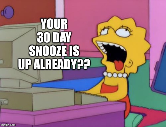 lisa bored | YOUR 30 DAY SNOOZE IS UP ALREADY?? | image tagged in lisa bored | made w/ Imgflip meme maker