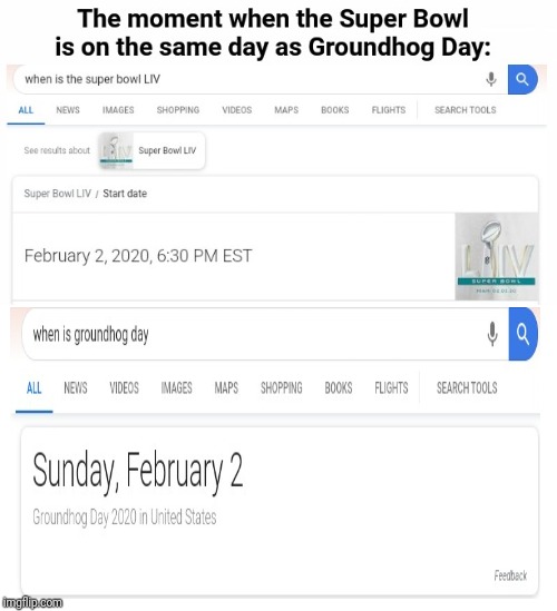 The moment when the Super Bowl is on the same day as Groundhog Day: | image tagged in memes,meme,blank white template,blank meme template,super bowl,groundhog day | made w/ Imgflip meme maker