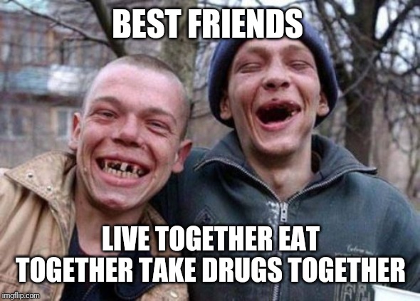Ugly Twins Meme | BEST FRIENDS; LIVE TOGETHER EAT TOGETHER TAKE DRUGS TOGETHER | image tagged in memes,ugly twins | made w/ Imgflip meme maker