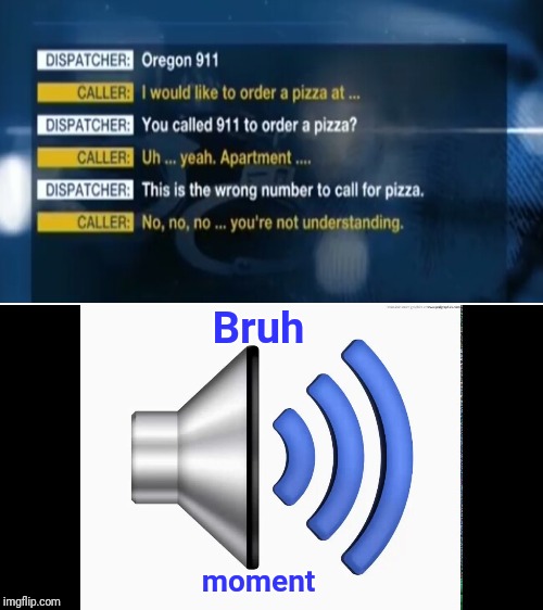 Woman disguises 911 call to order pizza. | Bruh; moment | image tagged in bruh,memes,meme,bruh moment,dank memes,pizza | made w/ Imgflip meme maker